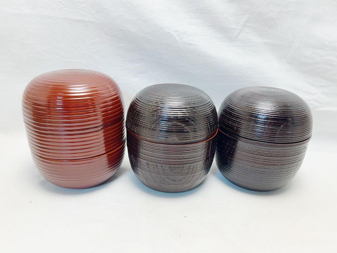 未使用 茶道具 木製溜塗 信玄三段弁当 2客揃 千筋 内朱 重箱 会席 紙箱